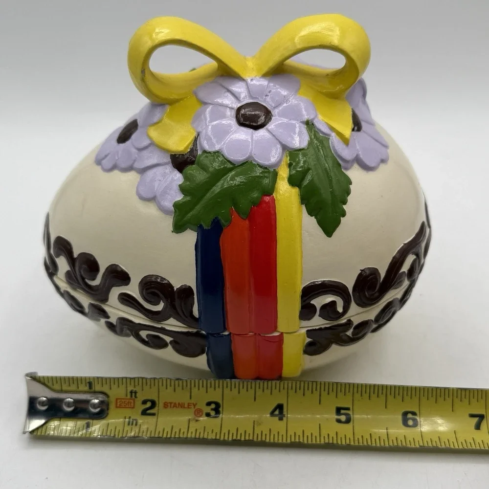 Vintage Hand Painted Ceramic Egg Rainbow Spring Flowers‎ Trinket Box Candy Dish